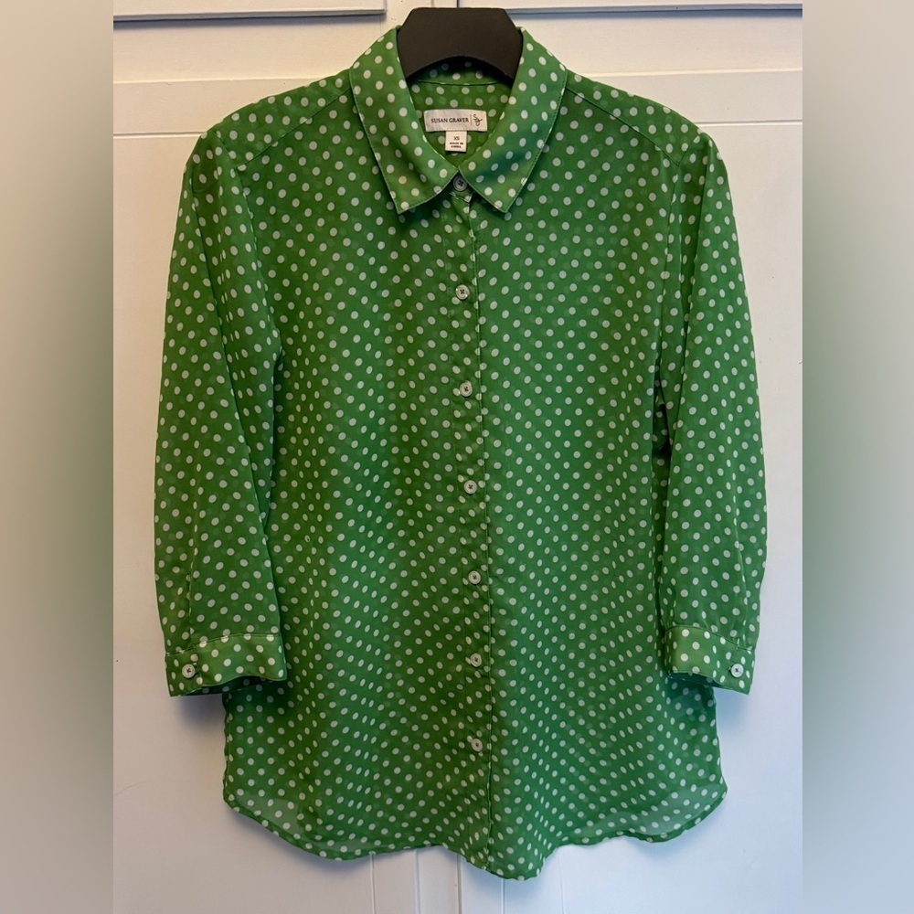 Susan Graver Green Polka Dot Blouse XS